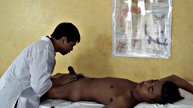 Dirty Asian fucked by nurse in asshole in missionary position