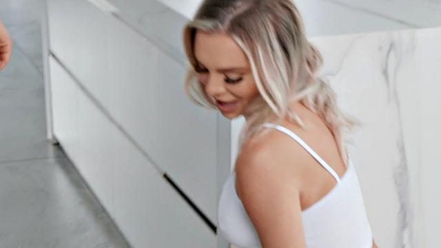 Blonde cutie gets fingered & fucked hard in kitchen