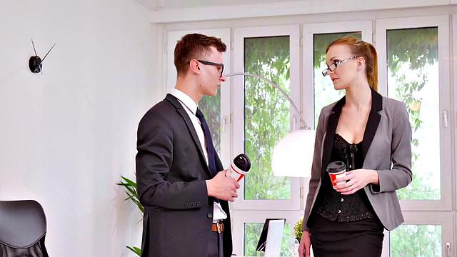 Classy redhead secretary doggystyled after pussylicking