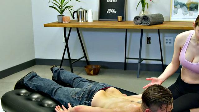 Hairy pussy redhead MILF gets fucked on oiled massage