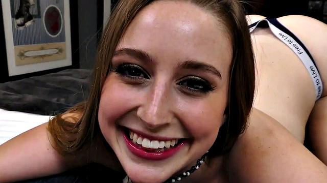 Watch this brown-haired hottie tease and please in panties while giving a POV handjob