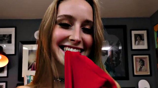 Watch this brown-haired hottie tease and please in panties while giving a POV handjob