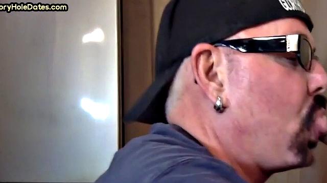 Closeup gloryhole DILF sucks cock in amateur blowjob