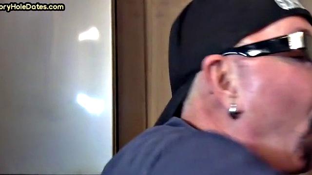 Closeup gloryhole DILF sucks cock in amateur blowjob