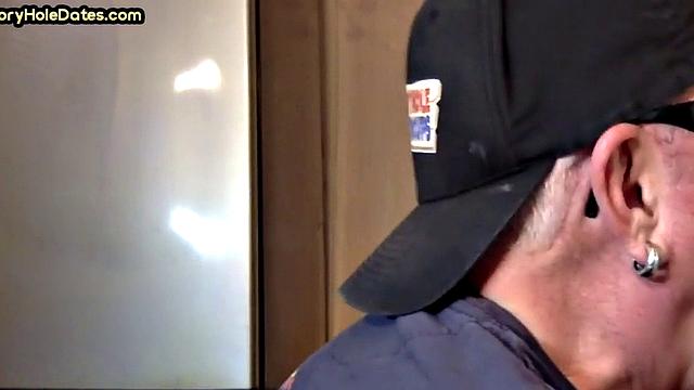 Closeup gloryhole DILF sucks cock in amateur blowjob