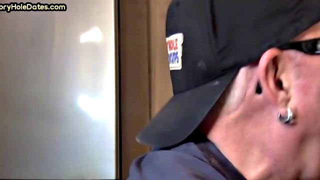 Closeup gloryhole DILF sucks cock in amateur blowjob