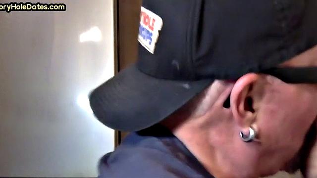 Closeup gloryhole DILF sucks cock in amateur blowjob