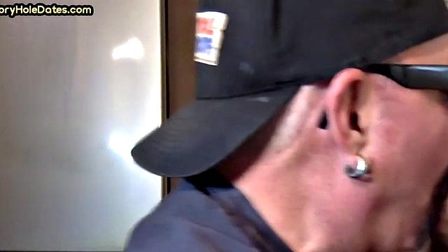 Closeup gloryhole DILF sucks cock in amateur blowjob