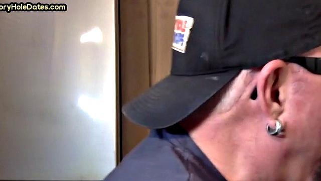 Closeup gloryhole DILF sucks cock in amateur blowjob