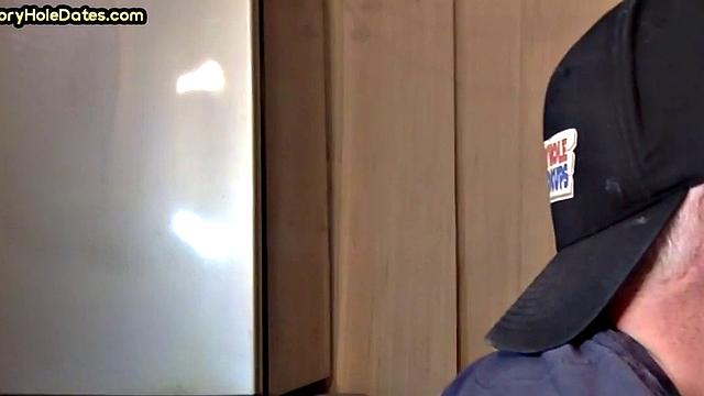 Closeup gloryhole DILF sucks cock in amateur blowjob