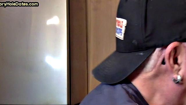 Closeup gloryhole DILF sucks cock in amateur blowjob