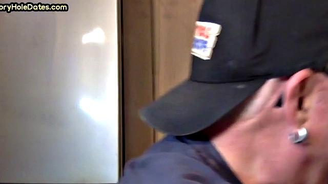 Closeup gloryhole DILF sucks cock in amateur blowjob