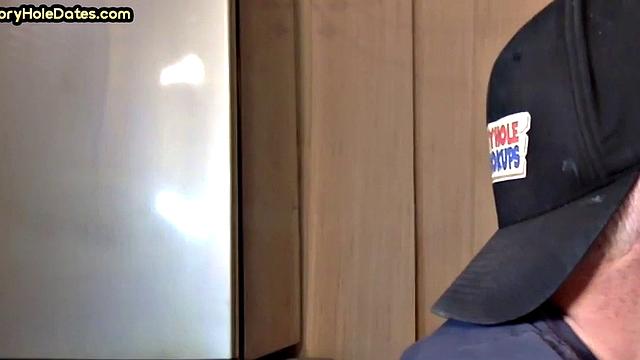 Closeup gloryhole DILF sucks cock in amateur blowjob