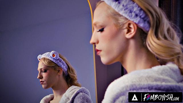 FEMBOYISH - Femboy Troy River Sensually Lotions His Smooth Body While Skye Gets Caught