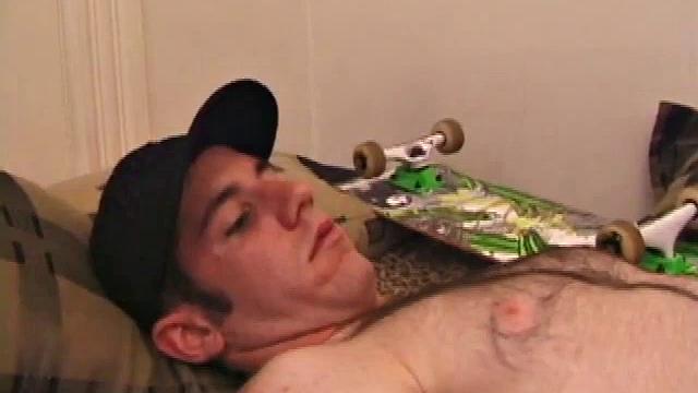 After Tag returns from skateboarding, he decides to jack off. This self-sucking skater boy bends over and licks the head of his cock to get a taste of his pre-cum. Then, after stroking with determination, Tag busts a warm cum load onto his face.