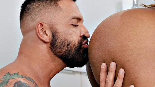 Busty black trans riding bareback in erotic couple