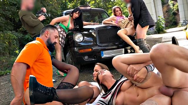 Cab sluts fucked roughly outdoor in group sex