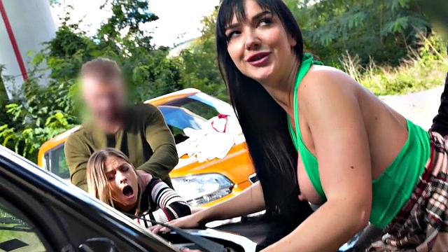 Cab sluts fucked roughly outdoor in group sex