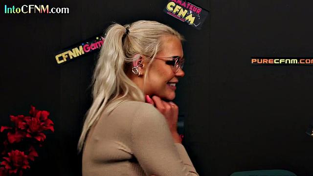 Glasses CFNM babe cocksucking busty guy