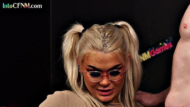 Glasses CFNM babe cocksucking busty guy