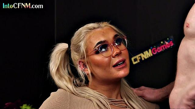 Glasses CFNM babe cocksucking busty guy