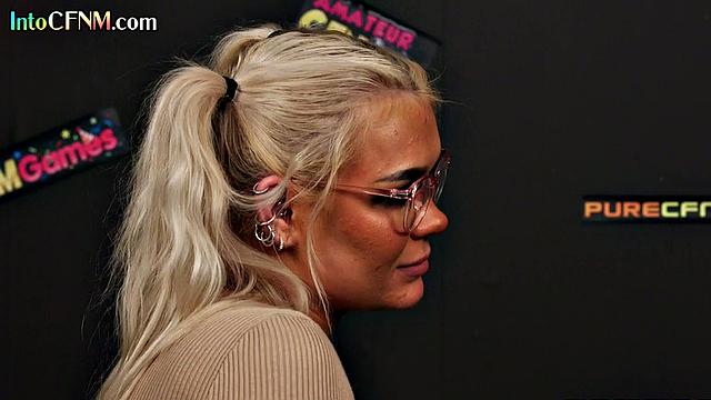 Glasses CFNM babe cocksucking busty guy