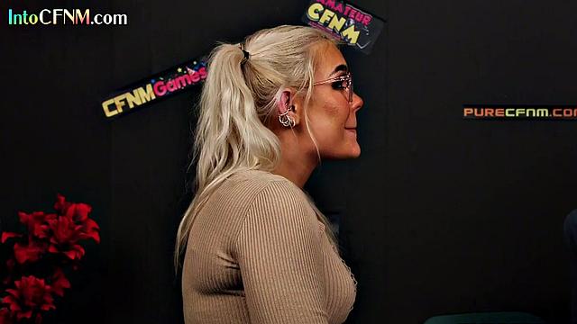 Glasses CFNM babe cocksucking busty guy