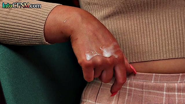 Glasses CFNM babe cocksucking busty guy