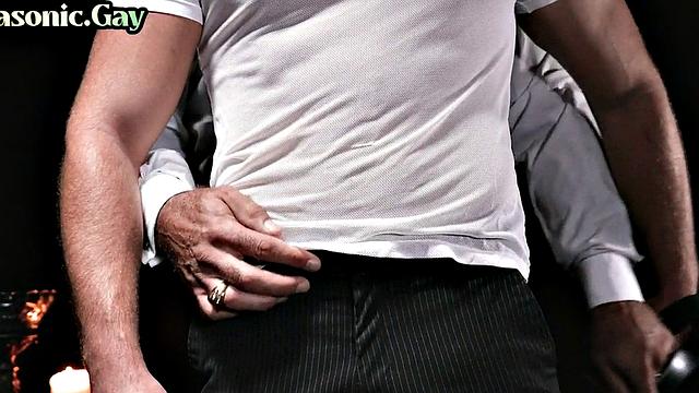 Dominated stud fucked in 3some by gay daddies