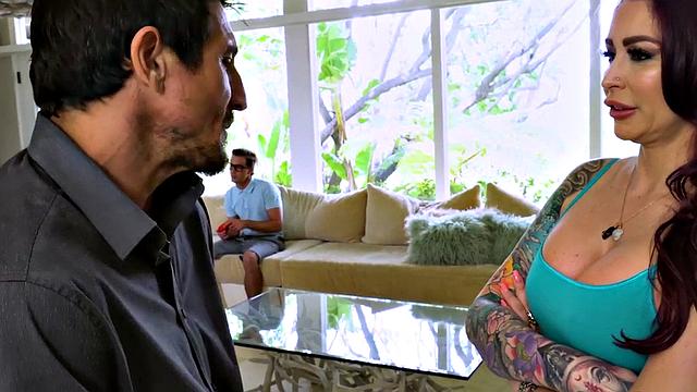 Stepmom with tattoos sucks and fucks in taboo threesome before riding cock like a pro