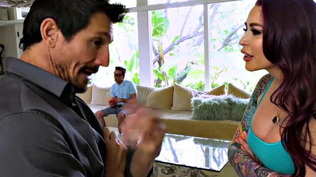 Stepmom with tattoos sucks and fucks in taboo threesome before riding cock like a pro