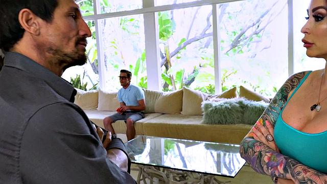 Stepmom with tattoos sucks and fucks in taboo threesome before riding cock like a pro