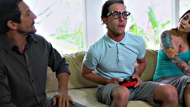 Stepmom with tattoos sucks and fucks in taboo threesome before riding cock like a pro