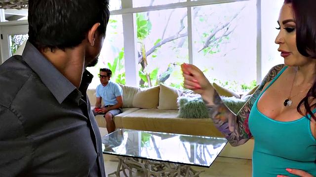 Stepmom with tattoos sucks and fucks in taboo threesome before riding cock like a pro