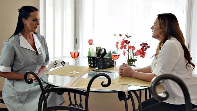 Lez busty maid enjoys pussyrubs with female boss