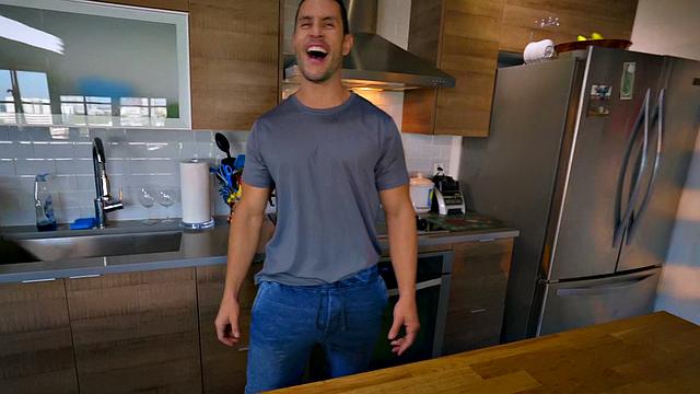 Paris, the petite babe in stockings, gets a mouthful of cum in the kitchen