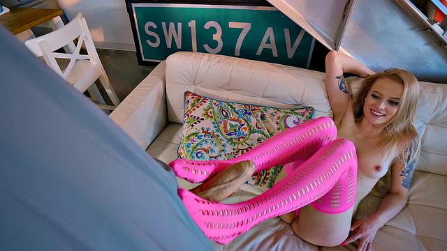 Paris, the petite babe in stockings, gets a mouthful of cum in the kitchen