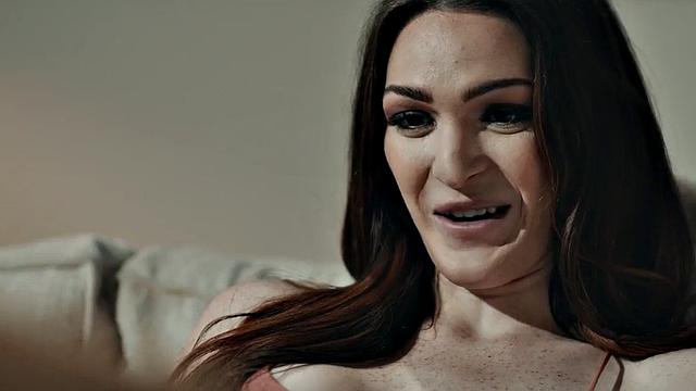 Busty TS babe bareback fucks hunk's asshole at home on couch