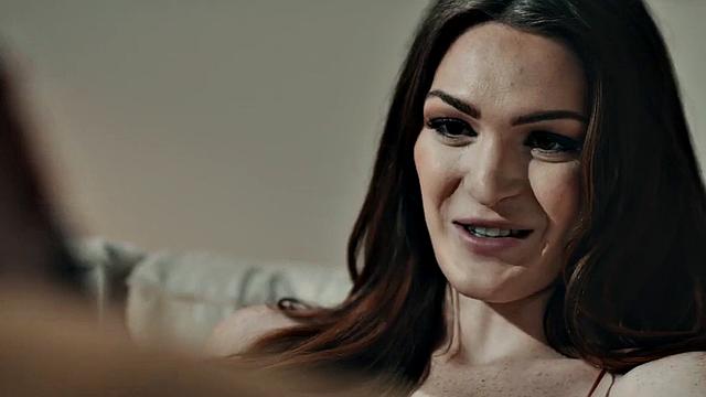 Busty TS babe bareback fucks hunk's asshole at home on couch