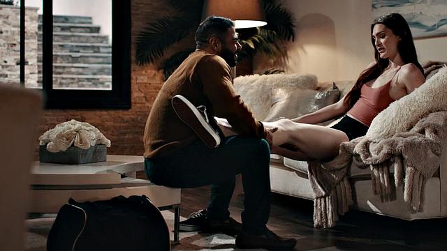 Busty TS babe bareback fucks hunk's asshole at home on couch