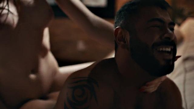 Busty TS babe bareback fucks hunk's asshole at home on couch