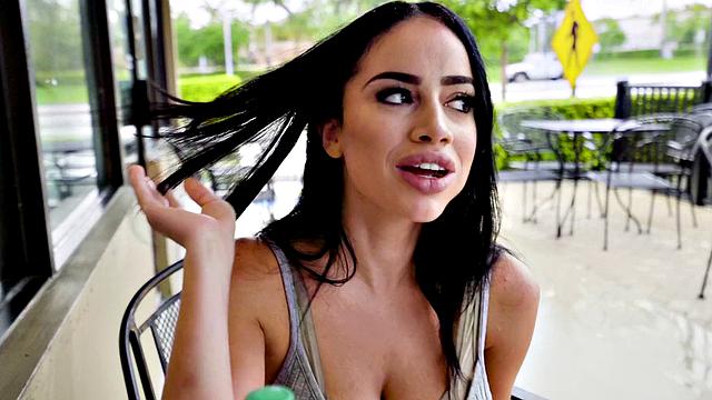 Watch this hot MILF with huge tits and plump lips get fucked hard in a hot restaurant close-up