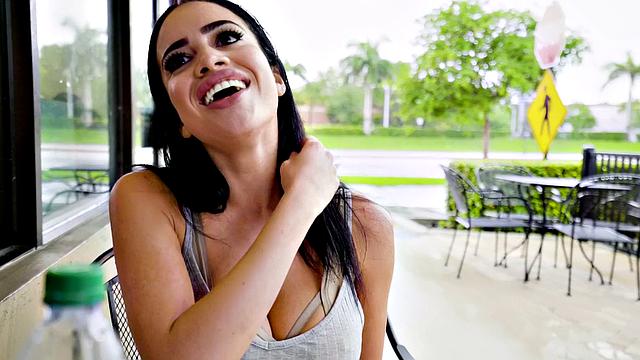 Watch this hot MILF with huge tits and plump lips get fucked hard in a hot restaurant close-up