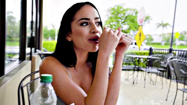 Watch this hot MILF with huge tits and plump lips get fucked hard in a hot restaurant close-up