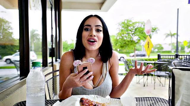 Watch this hot MILF with huge tits and plump lips get fucked hard in a hot restaurant close-up