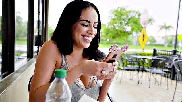 Watch this hot MILF with huge tits and plump lips get fucked hard in a hot restaurant close-up