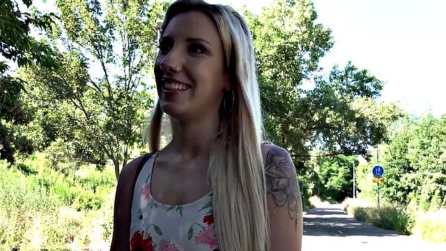 Pickedup blonde beauty blows fat shaft before public sex