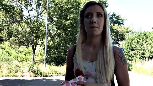 Pickedup blonde beauty blows fat shaft before public sex