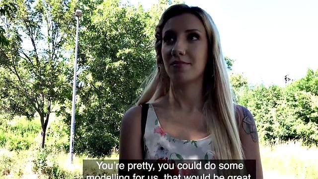 Pickedup blonde beauty blows fat shaft before public sex