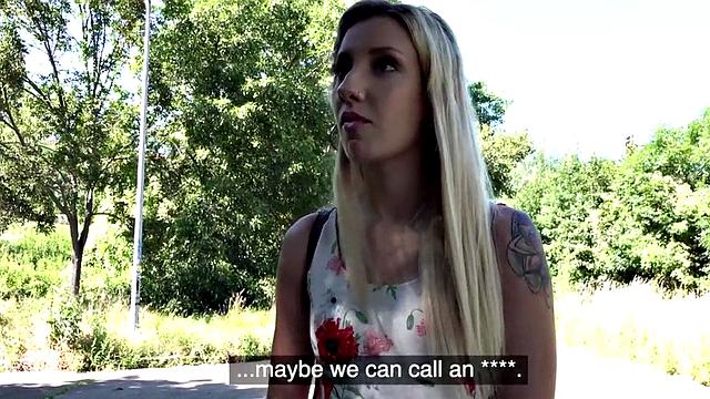 Pickedup blonde beauty blows fat shaft before public sex